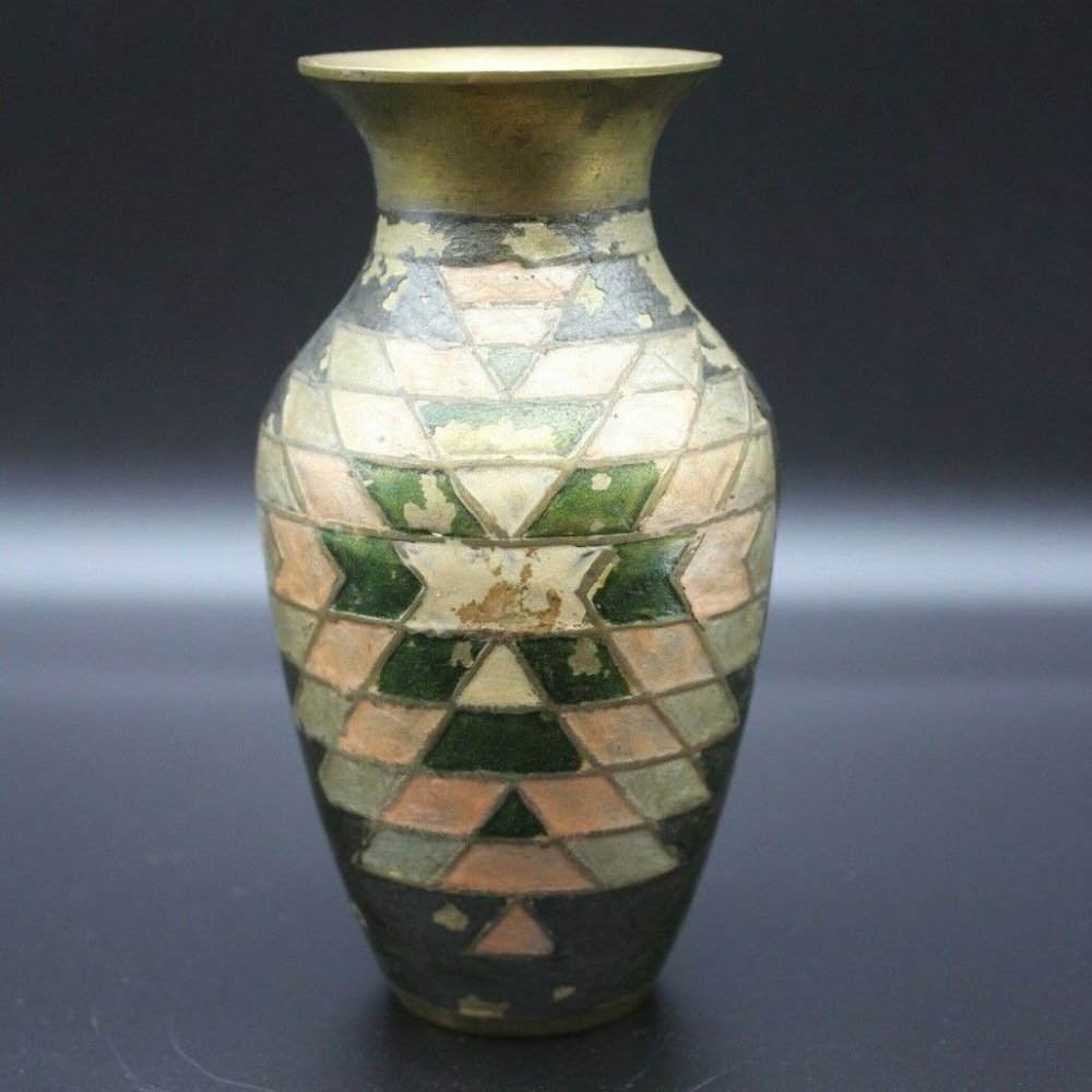 Vintage 6" Tall Brass Decorative Small Vase Home Decor Green Geometric
